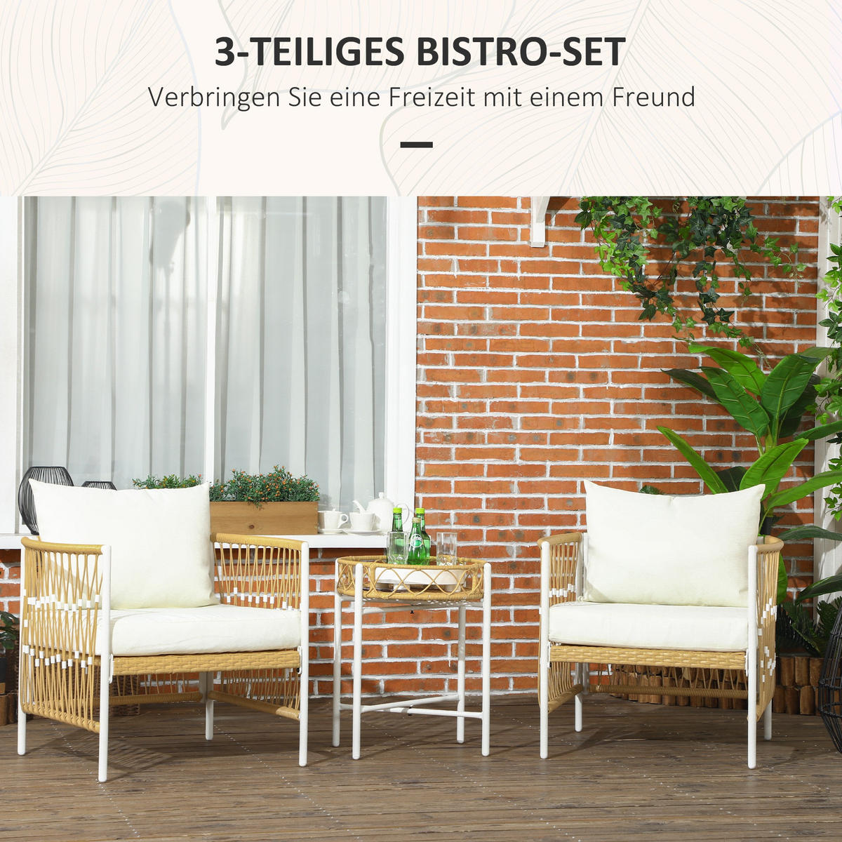GARTENGARNITUR mit 2 Gartenstühle, 3er-Set Rattan Gartenmöbel-Set, Gelb+Creme - Gelb, Kunststoff - Outsunny