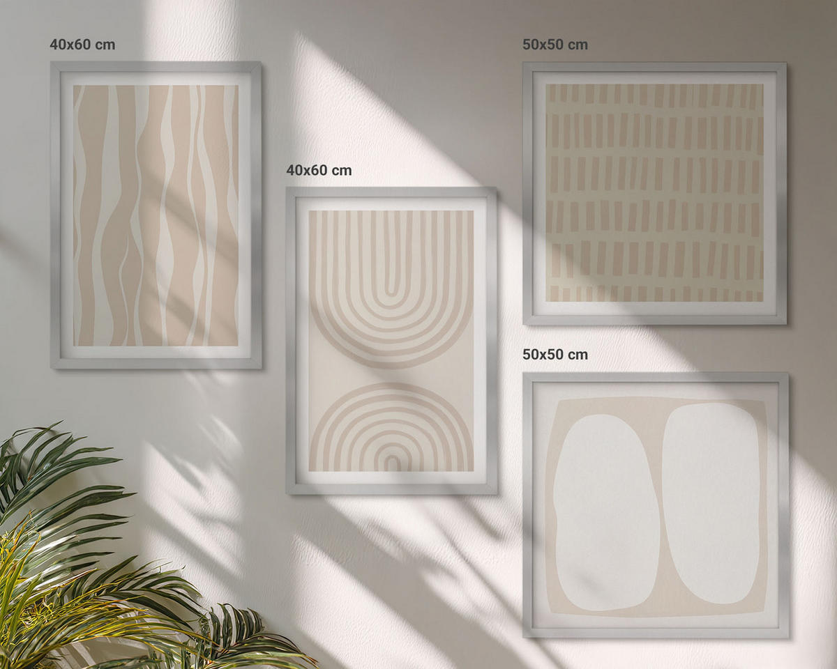 BILDER SET 4er Set - 50x50 cm & 40x60 cm Silberner Rahmen - Abstrakte Boho-Musterformen - Silberfarben, Kunststoff (50/50cm) - TULUP