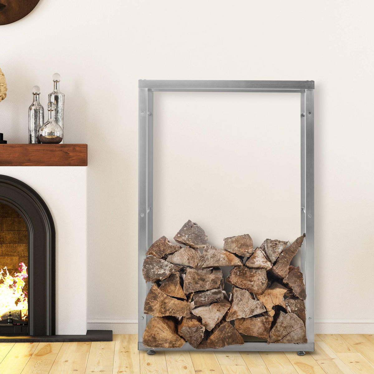 KAMINHOLZREGAL innen Metall SATLO Kaminholzständer Edelstahl 25x80x125 cm - Edelstahlfarben, Metall (125/80/25cm) - DELUKE