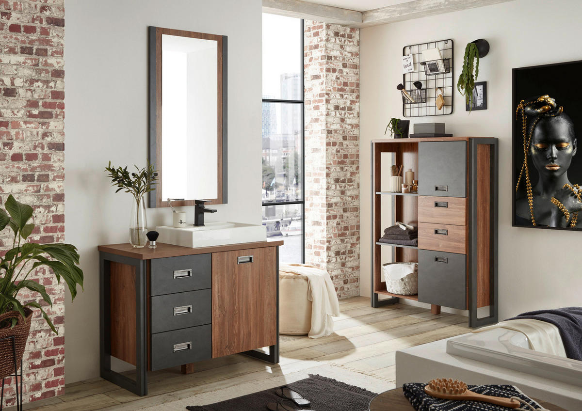 BADMÖBEL-SET 4-teilig Eiche Stirling, Matera grau, Badkombination MIT Waschbecken 201 x 205 cm - Eichefarben/Grau, Holzwerkstoff (201/205/40cm) - Furn.Design