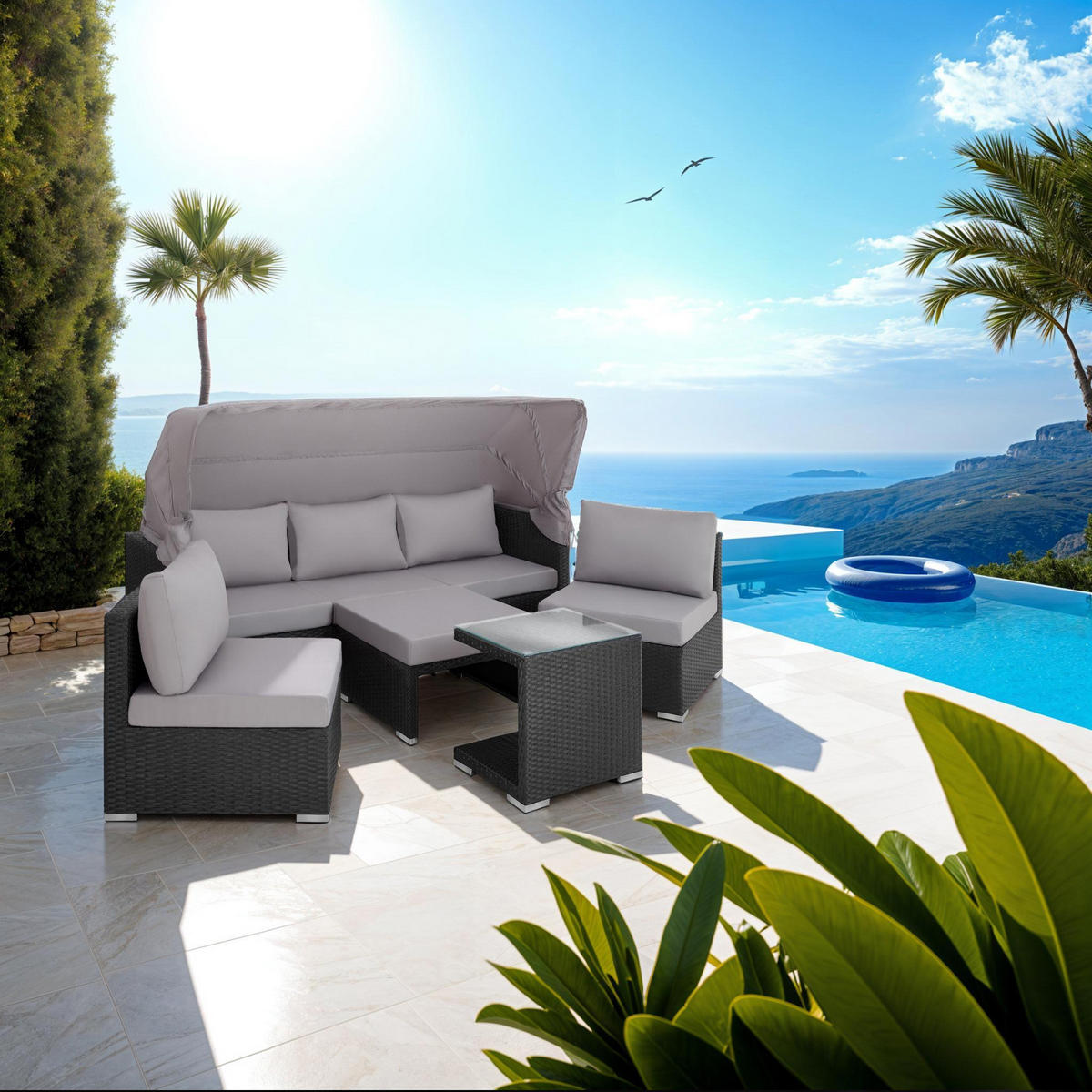 RATTANLOUNGE San Marino,mit Sicherheitsglasplatte, variabel aufstellbar,schwarz - Schwarz, Kunststoff (68/131cm) - tectake