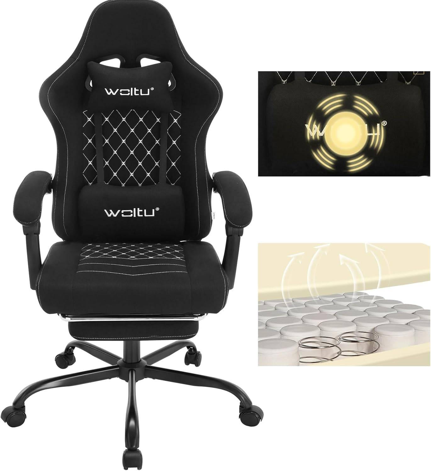 GAMINGSTUHL mit Massagefunktion, Computerstuhl Ergonomisch - Schwarz/Weiß, Kunststoff/Textil (70/127/70cm) - Woltu