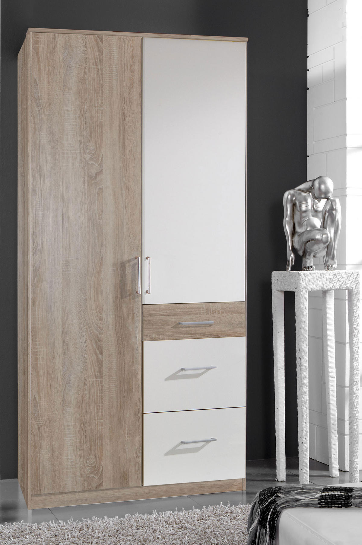 KLEIDERSCHRANK Click Struktureiche hell / weiß 90 / 58 / 199cm - Hellbraun/Eichefarben, Holz/Holzwerkstoff (90/199/58cm) - Wimex