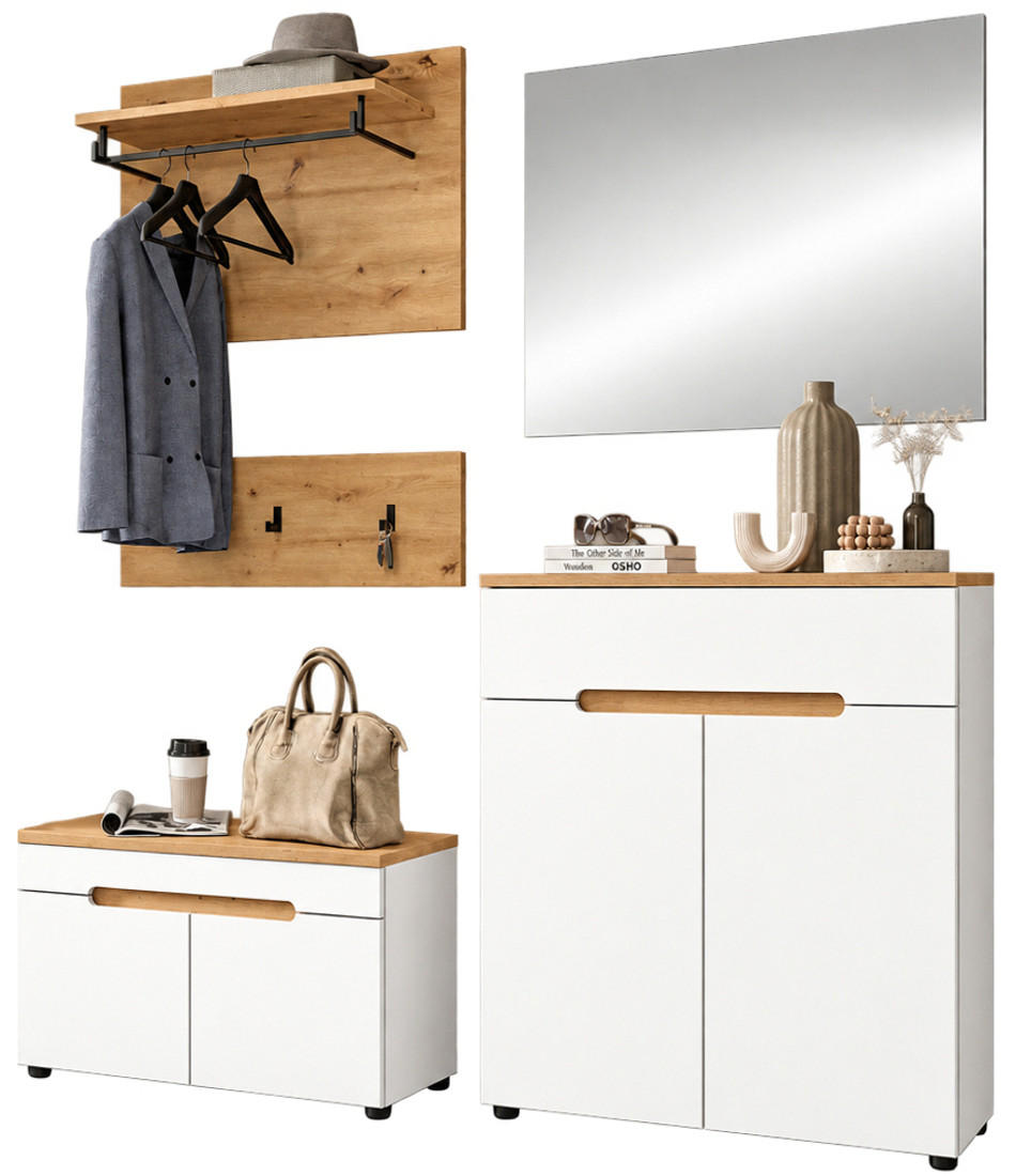 GARDEROBEN-SET weiß, Eiche Artisan 5-teilig 175 cm, Komplett-Set mit Soft-Close - Weiß, Glas/Holzwerkstoff (175/190/37cm) - Inn.Furn