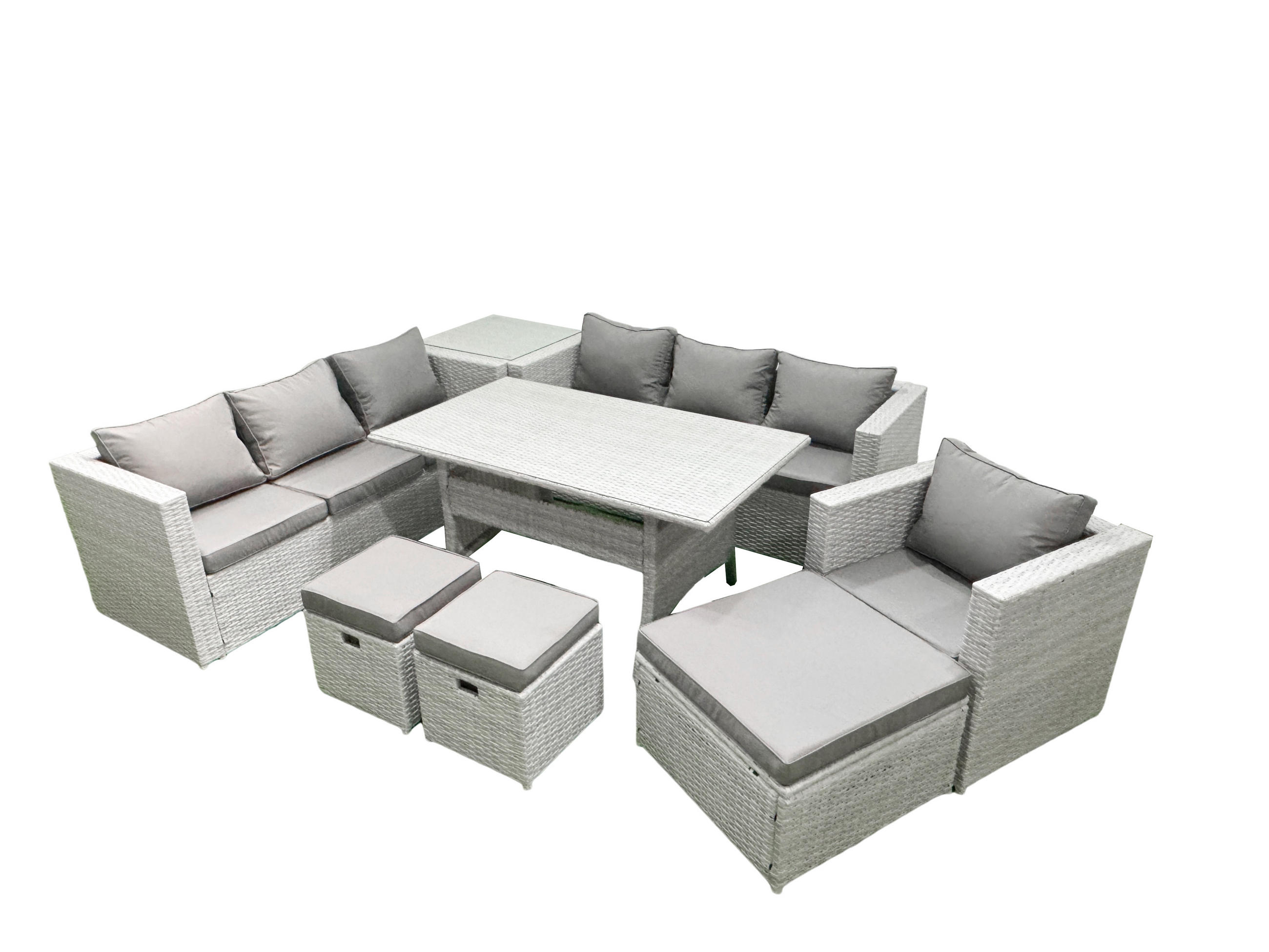 GARTENMÖBEL SET mit 3-Sitzer-Sofa und Sessel, Esstisch,3 Hockern,Beistelltisch Polyrattan Hellgrau 10-Sitzer - Hellgrau/Grau, Glas/Kunststoff - Fimous
