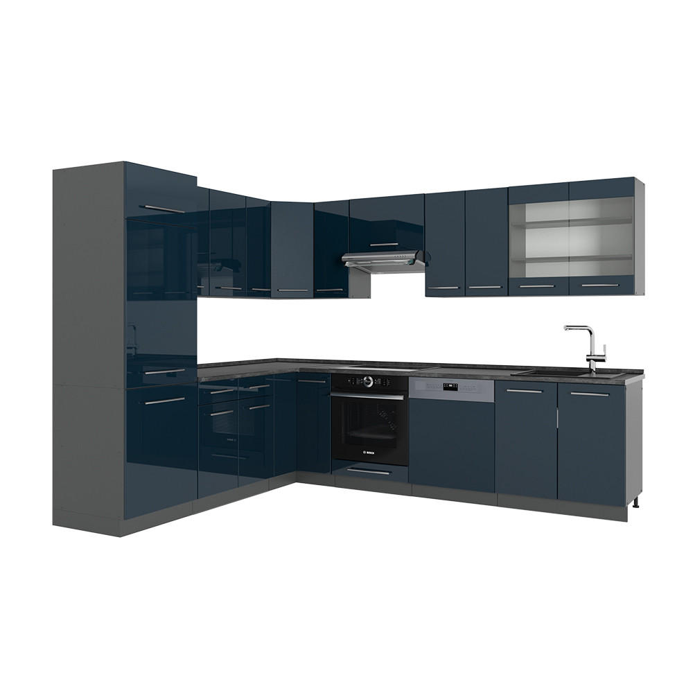 ECKKÜCHE Fame-Line Dunkelblau Hochglanz/Anthrazit 227 x 60 cm ohne AP - Anthrazit/Dunkelblau, Holzwerkstoff (287/81.6/46cm) - Vicco