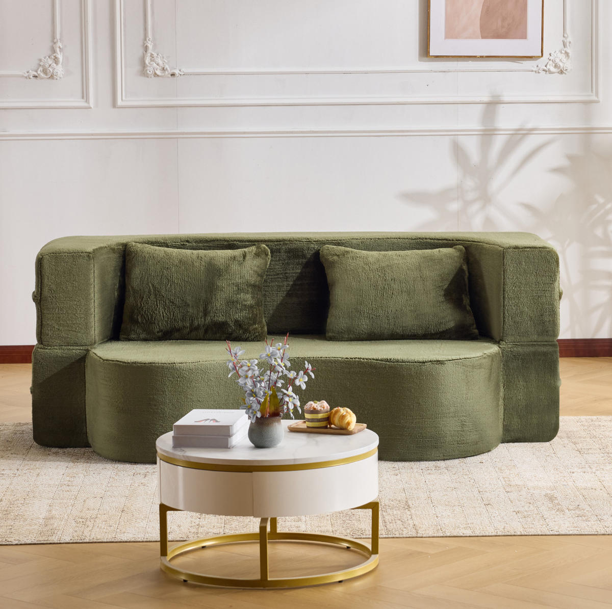 SCHLAFSOFA 2-in-1 als Sofa und Gästebett mit 2 Kissen und weichem Kurzplüschbezug, Grün - Grün, Kunststoff (180/70/55cm) - Redom