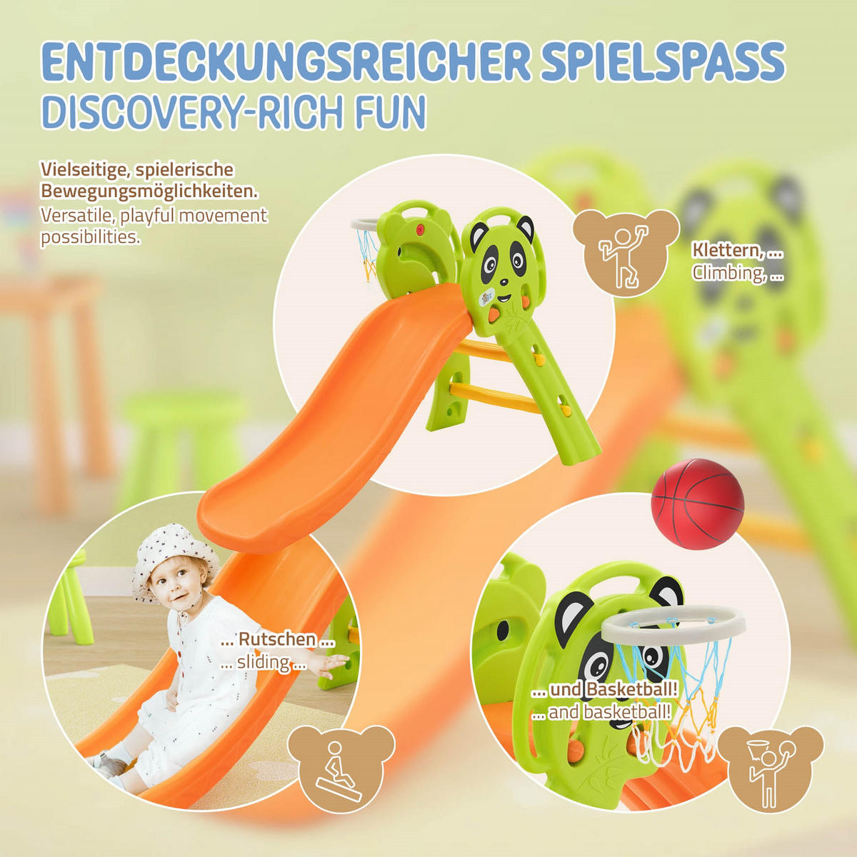KINDERRUTSCHE 2 in 1 Kleinkinderrutsche mit Basketballkorb Grün-Orange - Orange, Kunststoff (114/87/68cm) - Joyz
