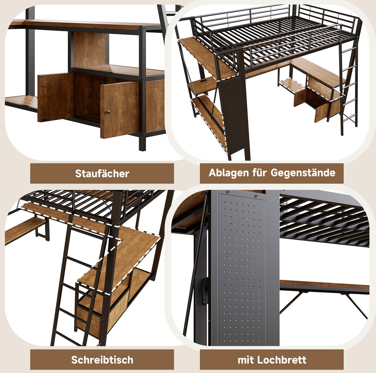 HOCHBETT 90/200 cm aus Metall mit Schreibtisch, LED-Beleuchtung und Stauraum - Schwarz, Metall (90/200cm) - Flora Grace