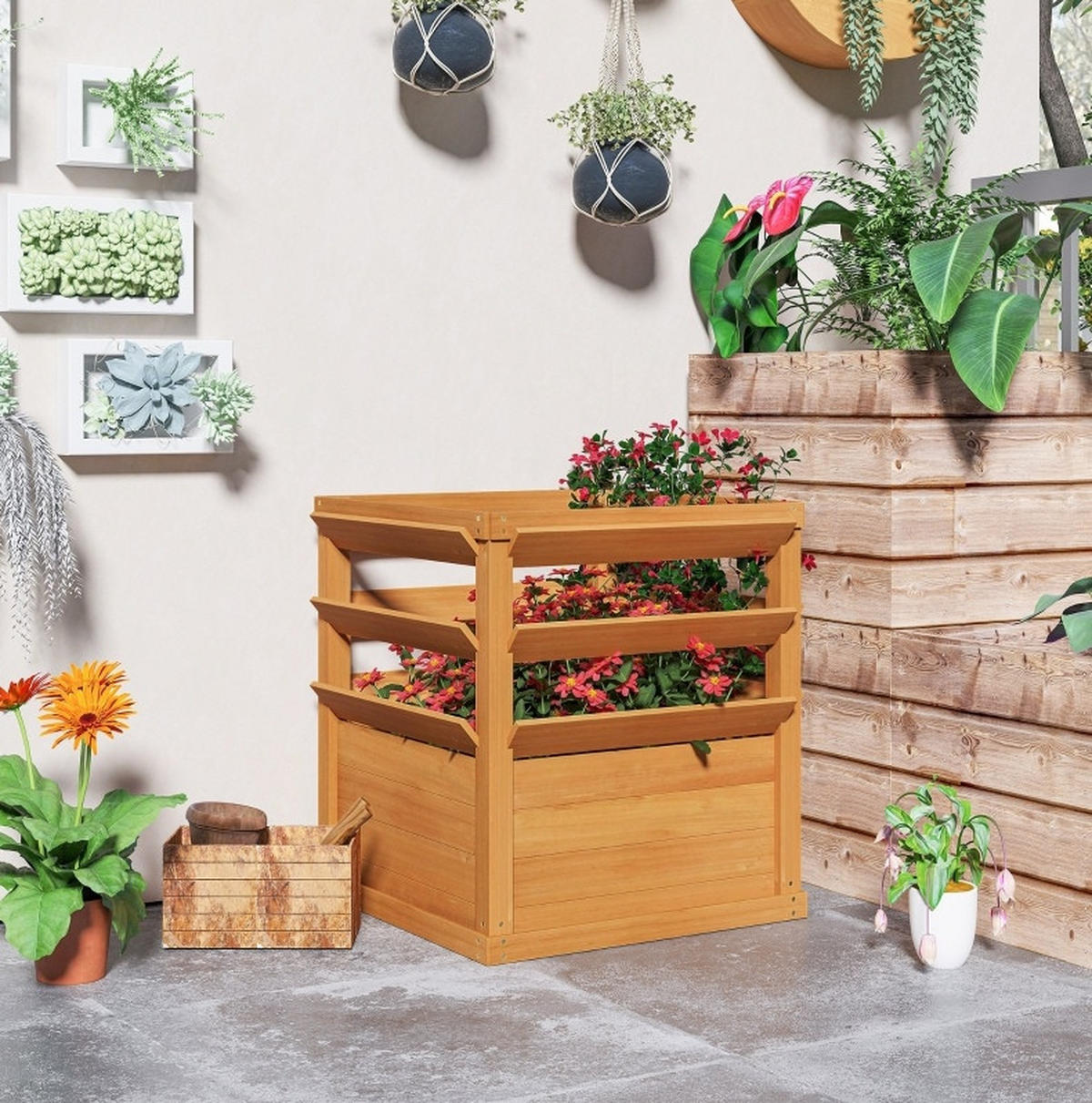 BLUMENKASTEN aus Fichtenholz 65x65x73 cm in Dunkelbraun mit Rankgitter - Dunkelbraun, Holz (65/73/65cm) - Modfu