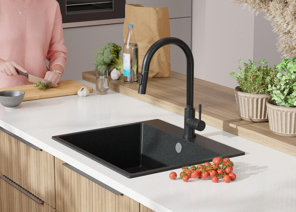 SPÜLBECKEN Riga, 2-er set Anthrazit 58/50 cm, 1 Becken + Ablauf-Set ab 60er Unterschrank - Chromfarben/Anthrazit, Kunststoff (58/20/50cm) - Primagran