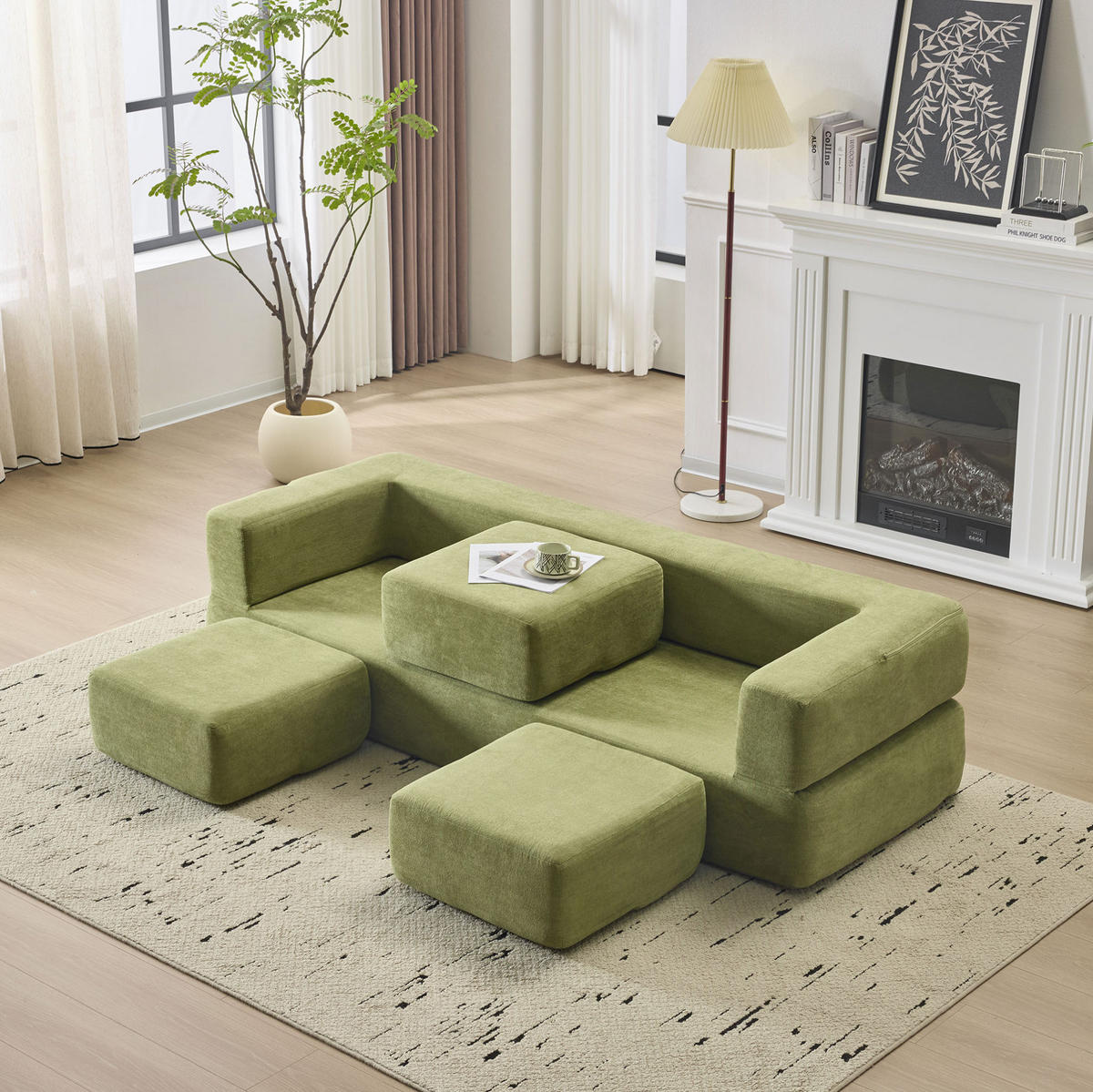 SOFA-BETT modular Grün Chenille Schaumstoff - Grün, Kunststoff (75.5/50/201cm) - Meubliv