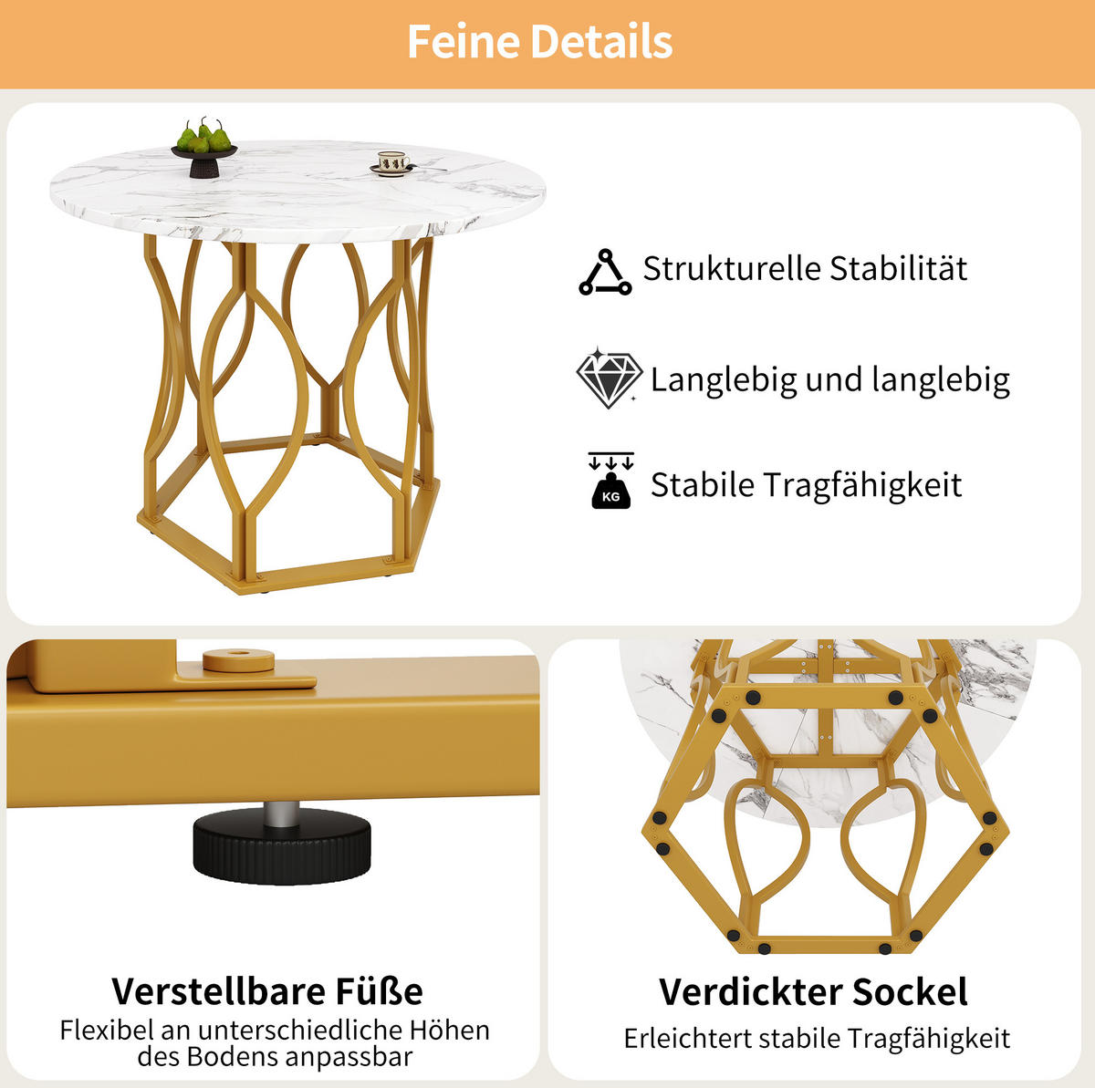 ESSTISCH 100/100/76 cm rund in Weiß mit Marmoroptik und goldfarbenem Gestell - Goldfarben, Holzwerkstoff (100/100/76cm) - Flora Grace