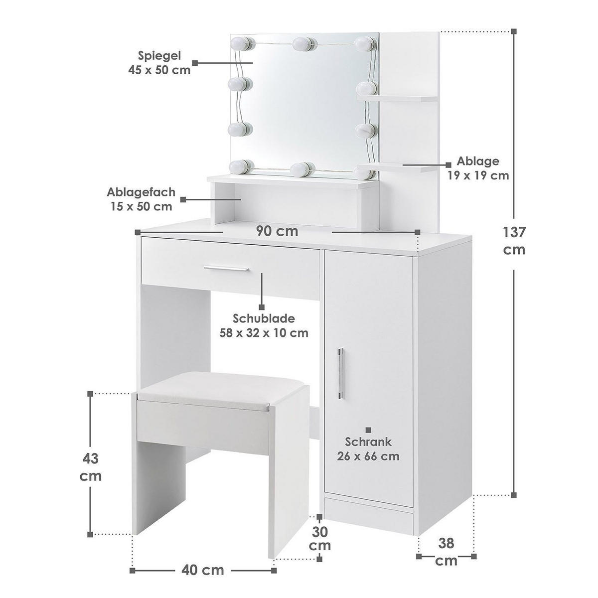 SCHMINKTISCH Zoey mit Schrank und Hocker Melly - Weiß, Holz (38/137/90cm) - Juskys
