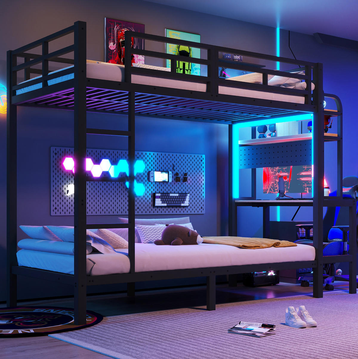 ETAGENBETT 90/200 cm aus Metall mit Schreibtisch, LED-Lichtleiste, Schwarz - Schwarz, Metall (90/200cm) - OKMYHOME