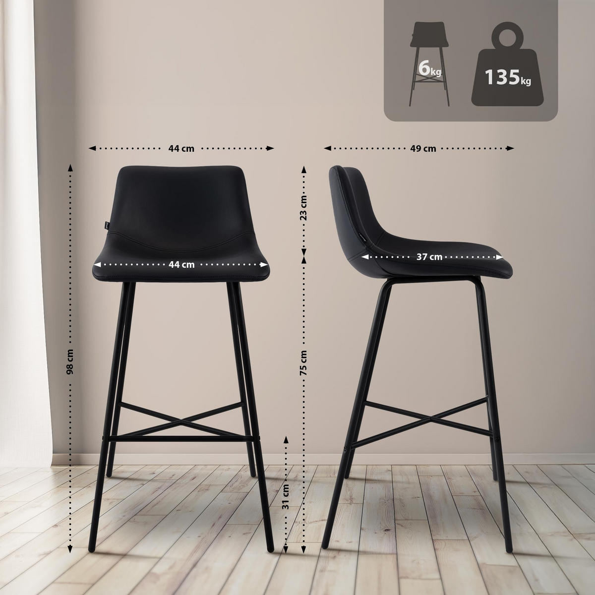 BARHOCKER Lederlook Schwarz - Schwarz, Textil/Metall (44/98/49cm) - CLP