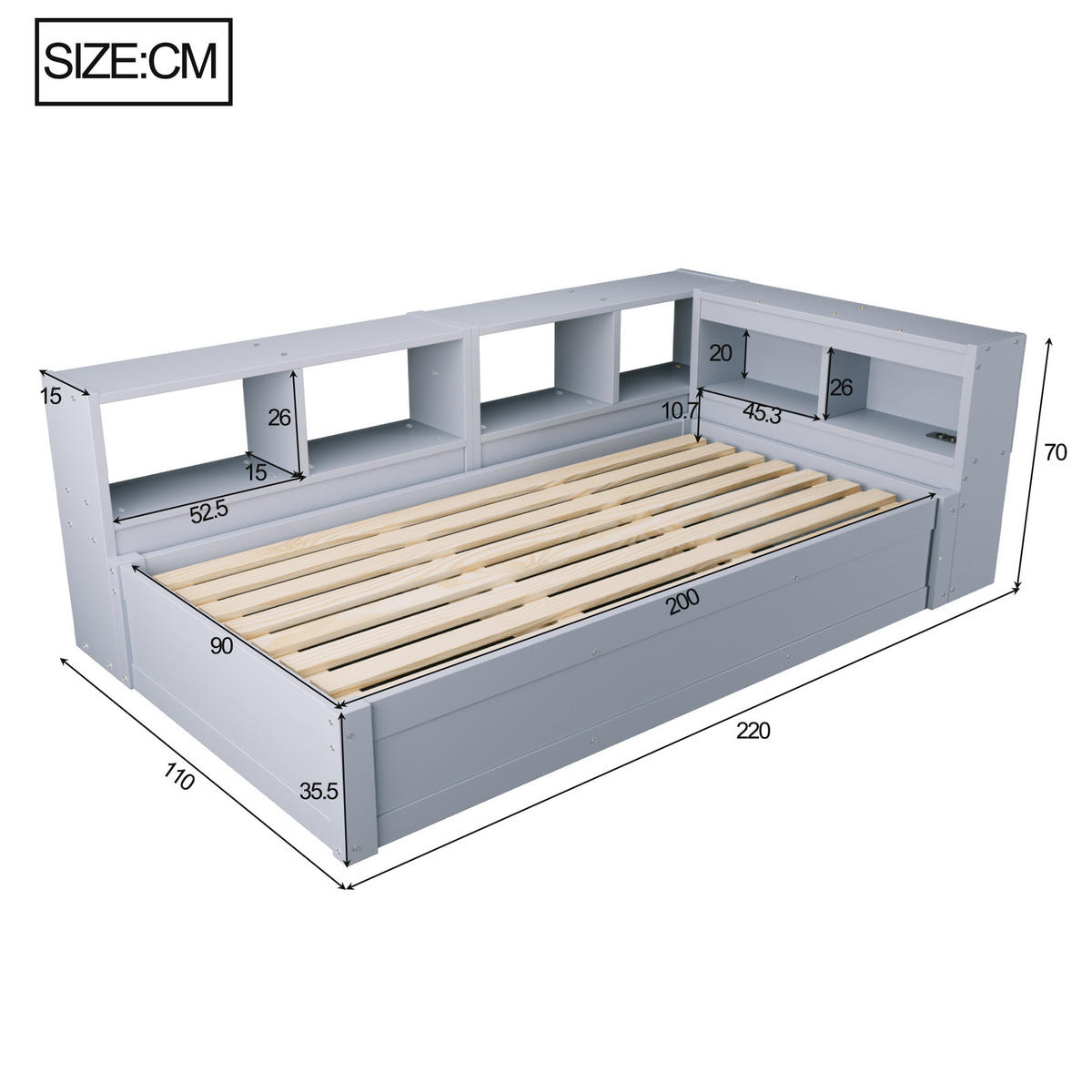 SCHLAFSOFA 90x200cm LED Stauraum Steckdose Massivholz Grau - Grau, Holzwerkstoff (90/200cm) - FLIEKS