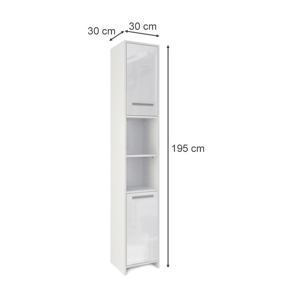 BADSCHRANK Kiko Weiß 30 x 195 cm - Weiß Hochglanz/Weiß, Holzwerkstoff (30/195/30cm) - Vicco