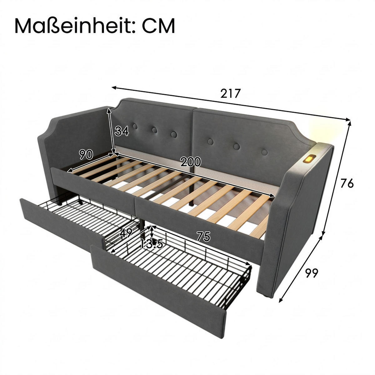 POLSTERBETT 90/200 cm Grau mit USB-Type-C Leselicht und 2 Schubladen, Ohne Matratze - Grau, Holz/Textil (90/200cm) - Oxeza
