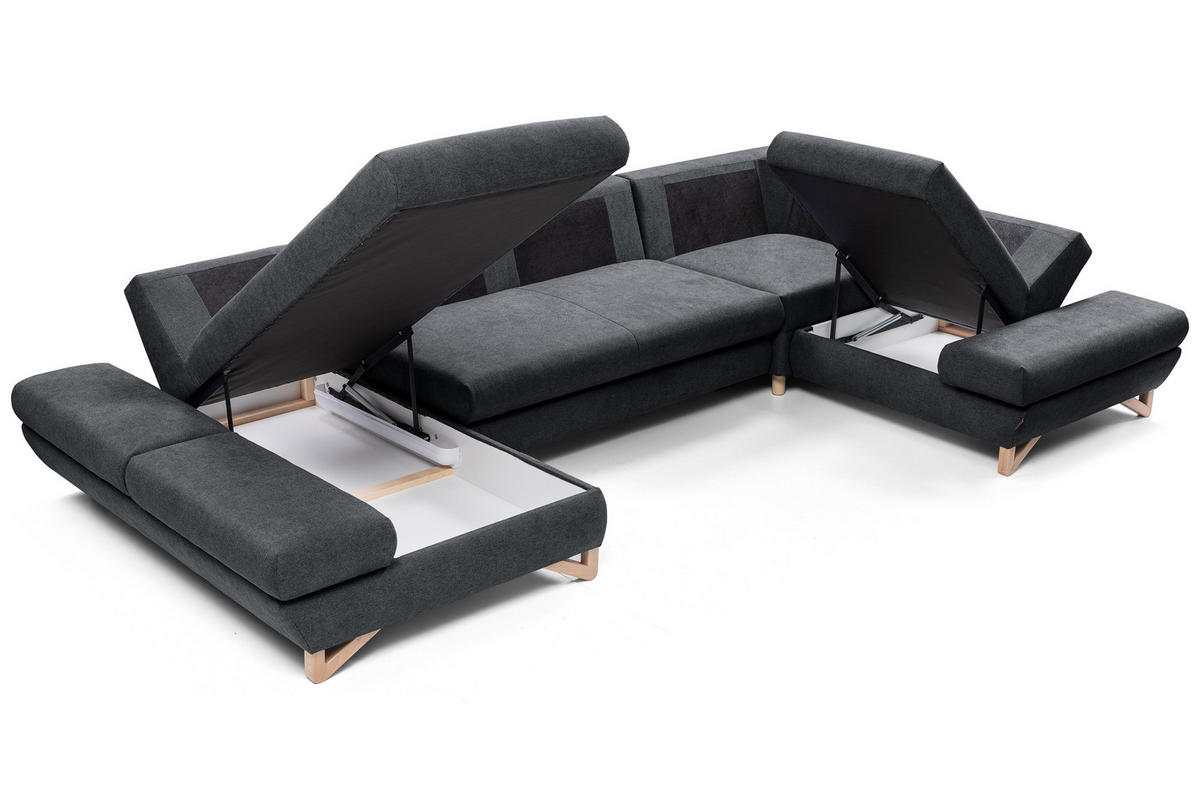 WOHNLANDSCHAFT CASA IV R-S Anthrazit Plüsch-Stoff mit Schlaffunktion - Anthrazit, Holz (344/100/199cm) - MASSENO