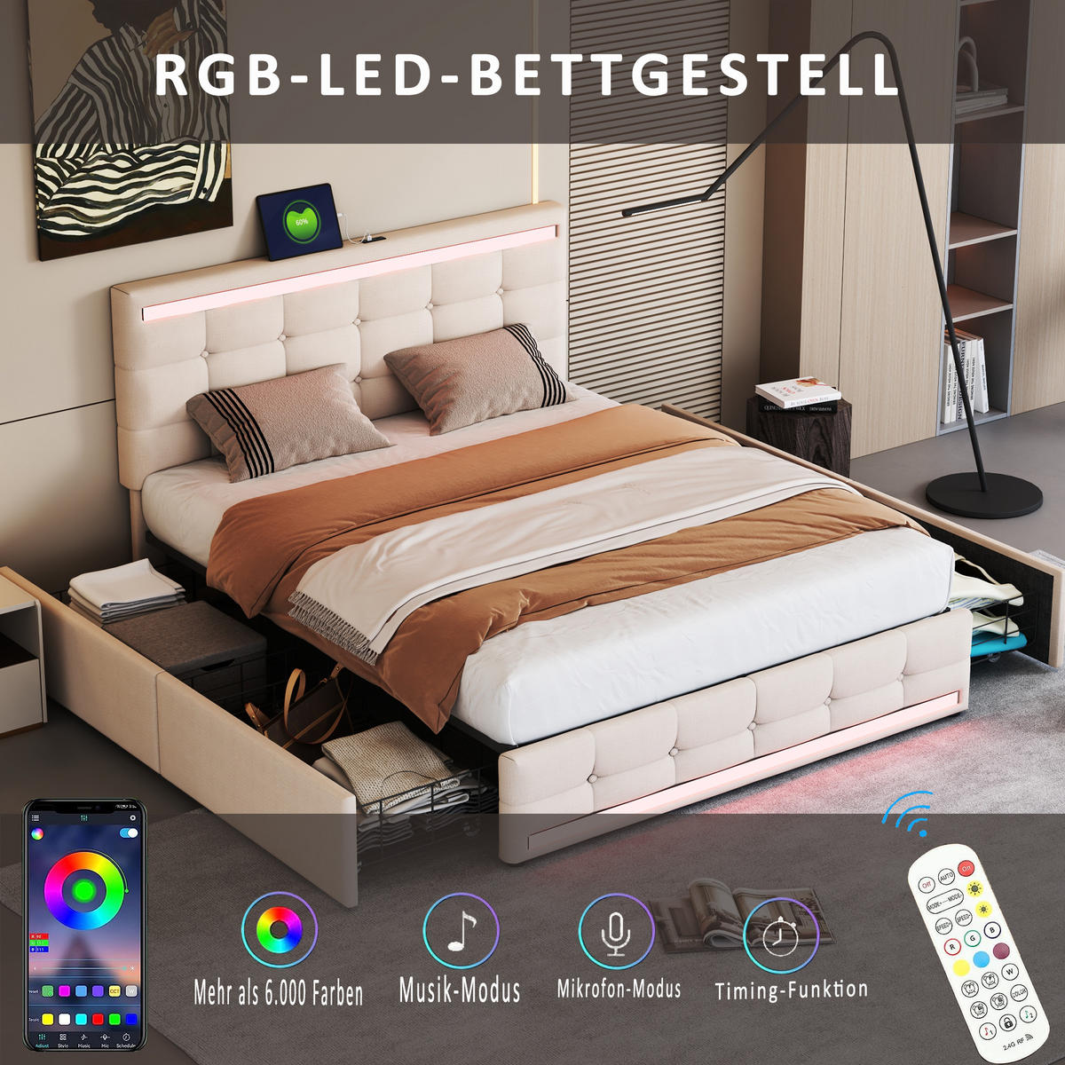 POLSTERBETT 140x200 LED 4 Schubladen 2 USB Leinen Beige - Beige, Holzwerkstoff - FLIEKS