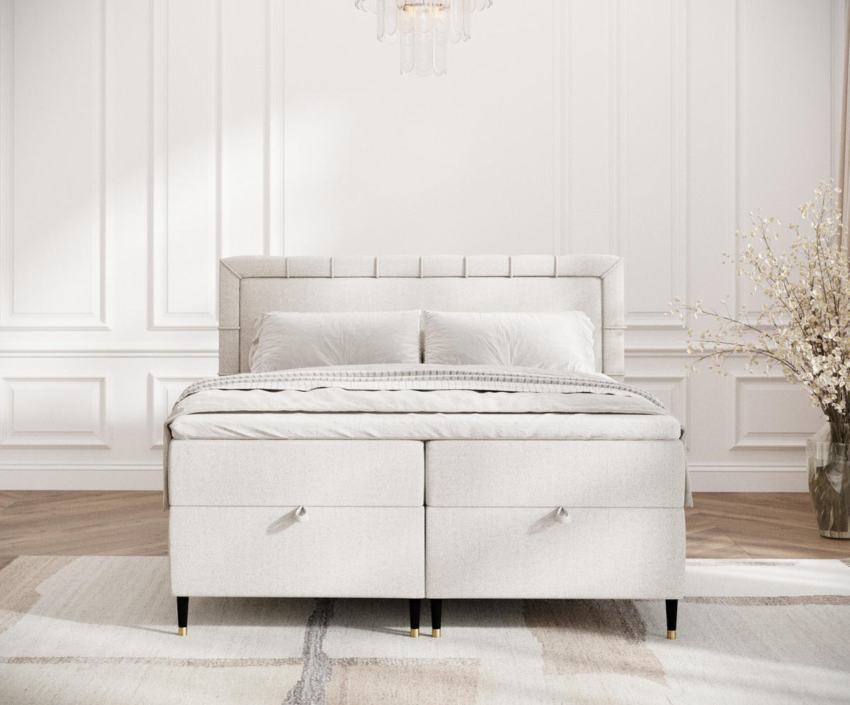 BOXBETT Voyage Hellbeige 140/200 cm mit Matratze und Topper - Beige/Schwarz, Holz/Holzwerkstoff (140/200cm) - Maison de Reve