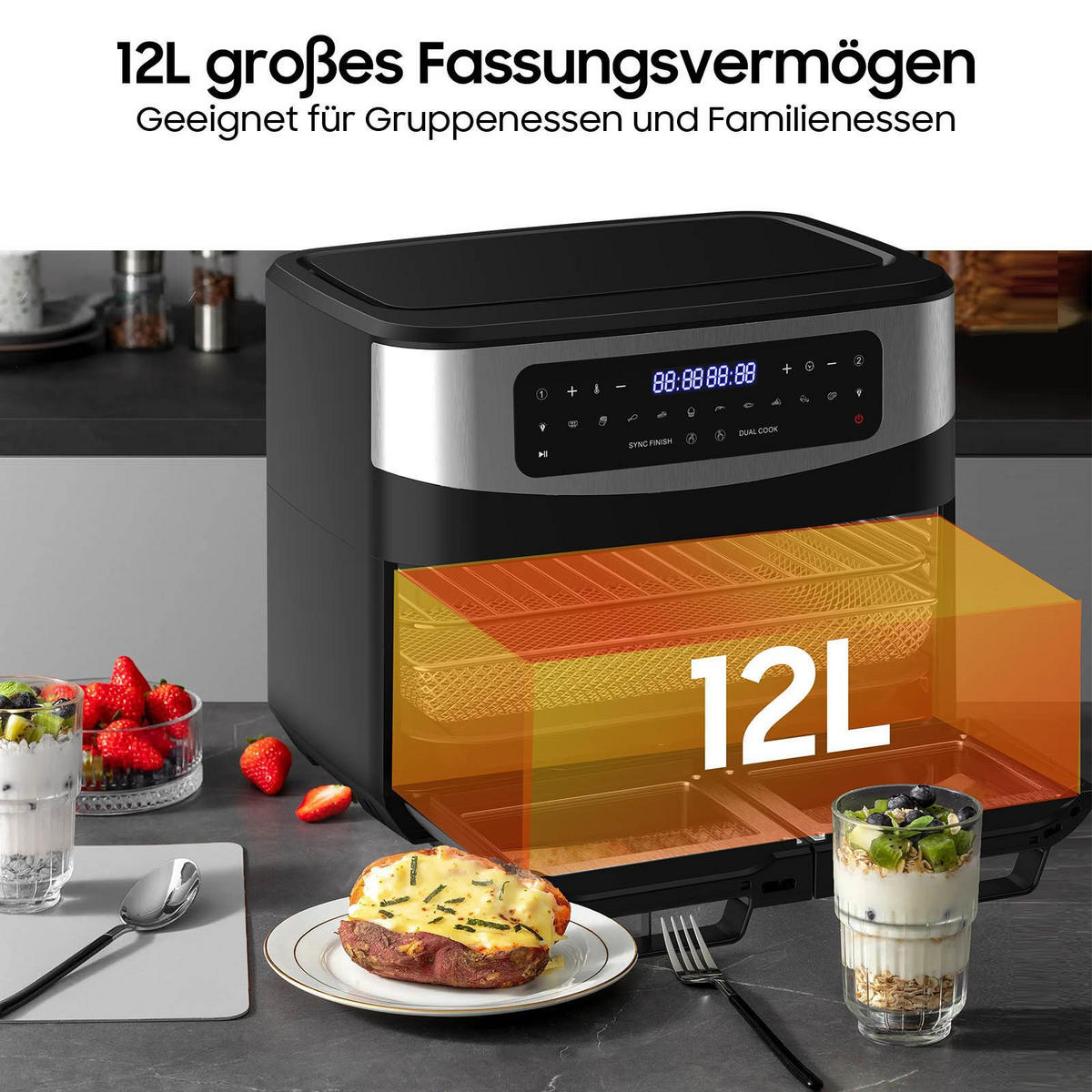 HEISSLUFTFRITTEUSE 5,5 L + 5,5 L - Schwarz Hochglanz, Metall (35/33/30cm) - Aimax