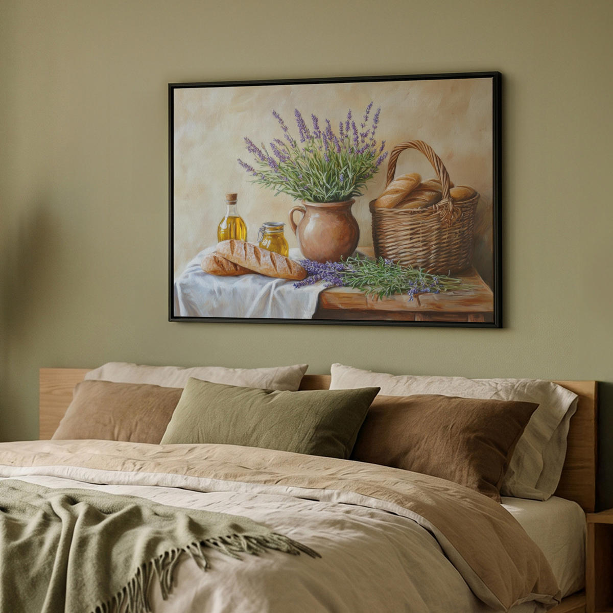 LEINWAND Bilder mit Rahmen - Lavendel - Brot - Stilleben - 100x70 - Flieder, Textil (100/70cm) - MuchoWow