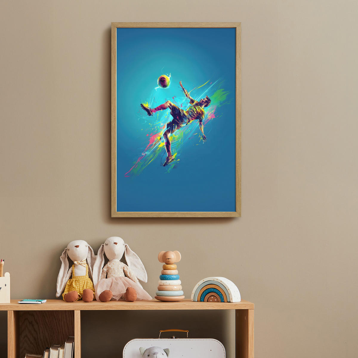 NACHTTISCHLAMPE MIT AKKU Fußballer - Farbspritzer - Farbenfroh - Ball 40x60 cm - Blau, Holzwerkstoff (8/40/60cm) - OnlyWow