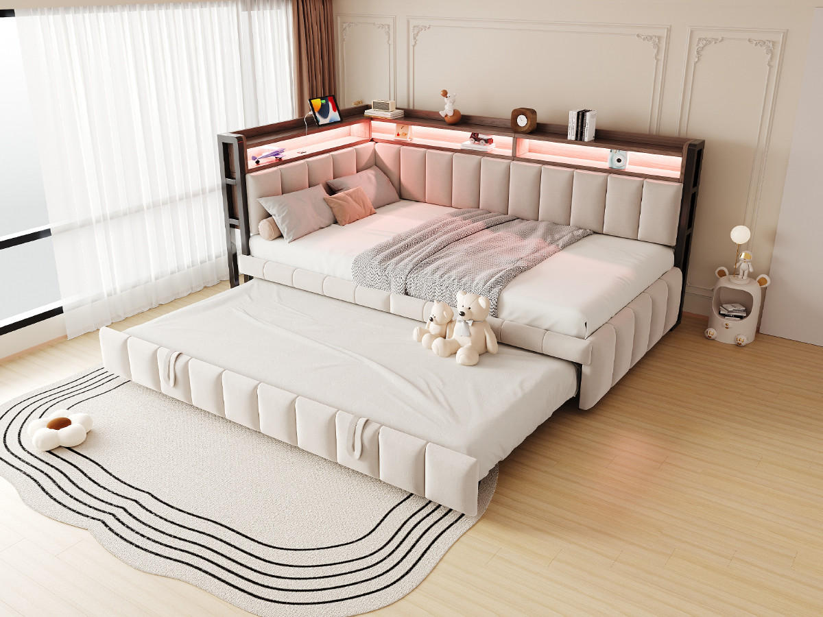 POLSTERBETT 90x200 cm LED USB beige - Beige, Textil (90/200cm) - Fortuna Lai