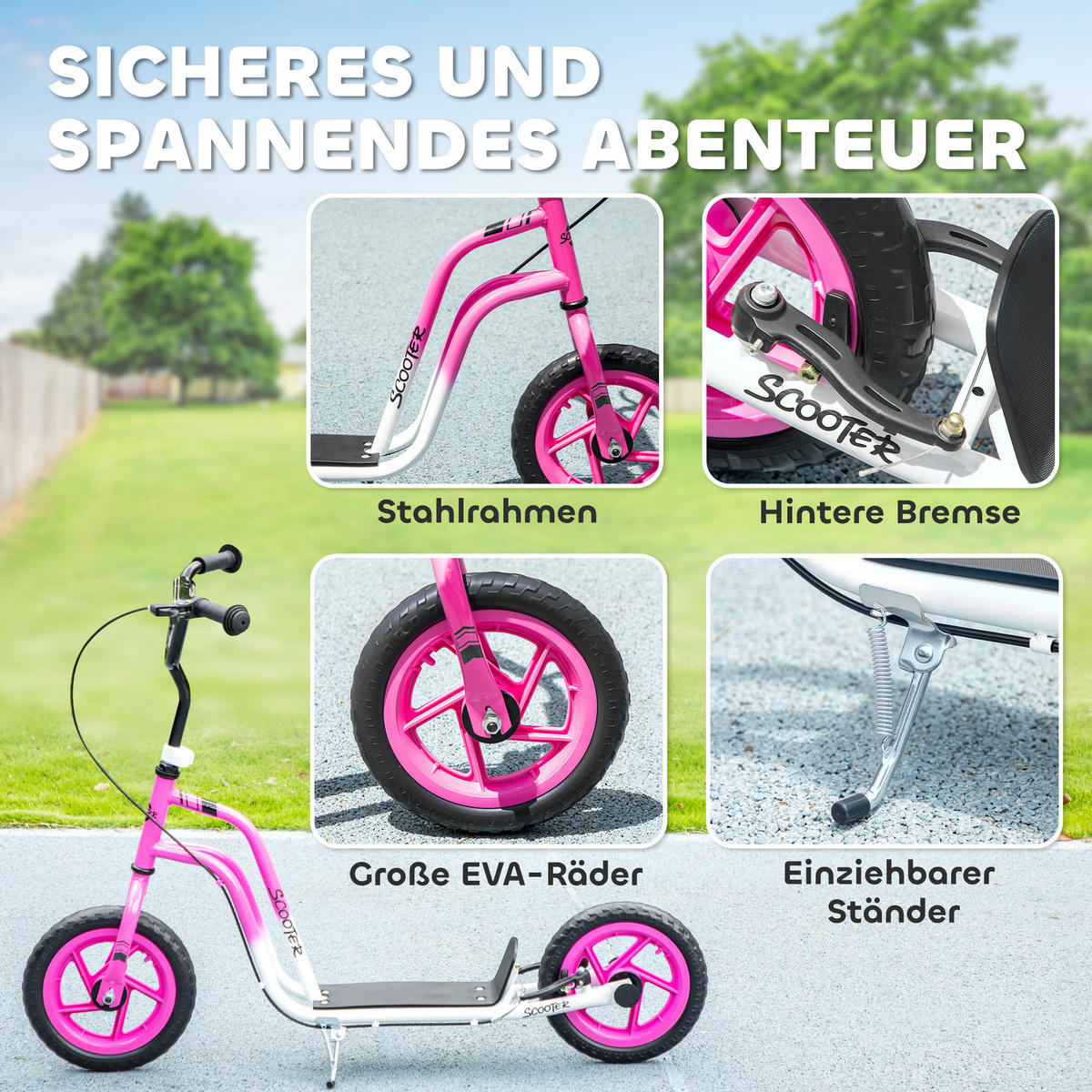 ROLLER Kinder Tretroller Kickscooter mit verstellbarem Lenker 12 Zoll Räder Rosa - Hellrosa, Kunststoff (115/50/88cm) - AIYAPLAY