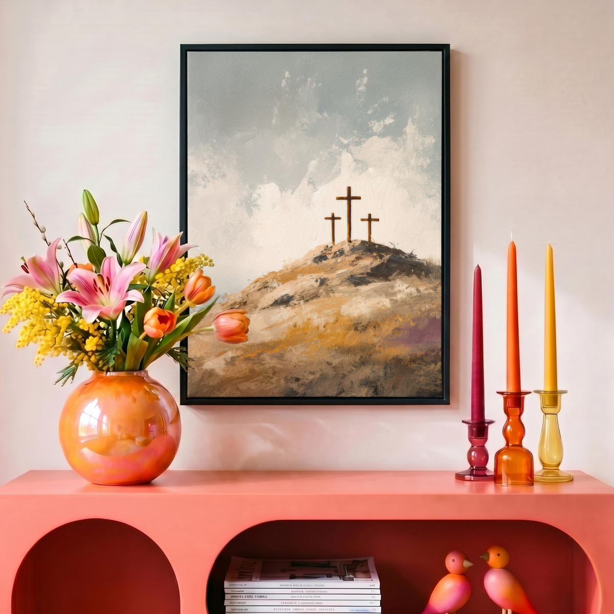 LEINWAND Bilder mit Rahmen - Hügel - Abstrakt - Christentum - Kreuz - 30x40 - Hellgrau, Textil (30/40cm) - MuchoWow