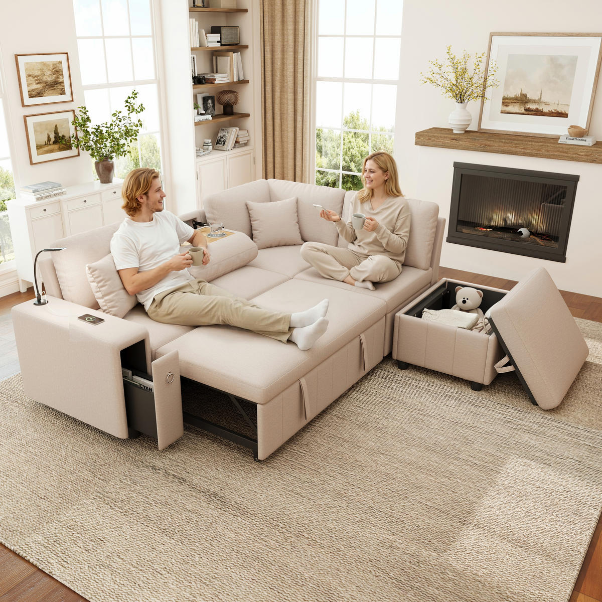 5-SITZER ECKSOFA Leinen Beige mit Schlaffunktion, USB, Type-C und Hocker - Beige, Holzwerkstoff/Kunststoff (213/184cm) - WISHDOR