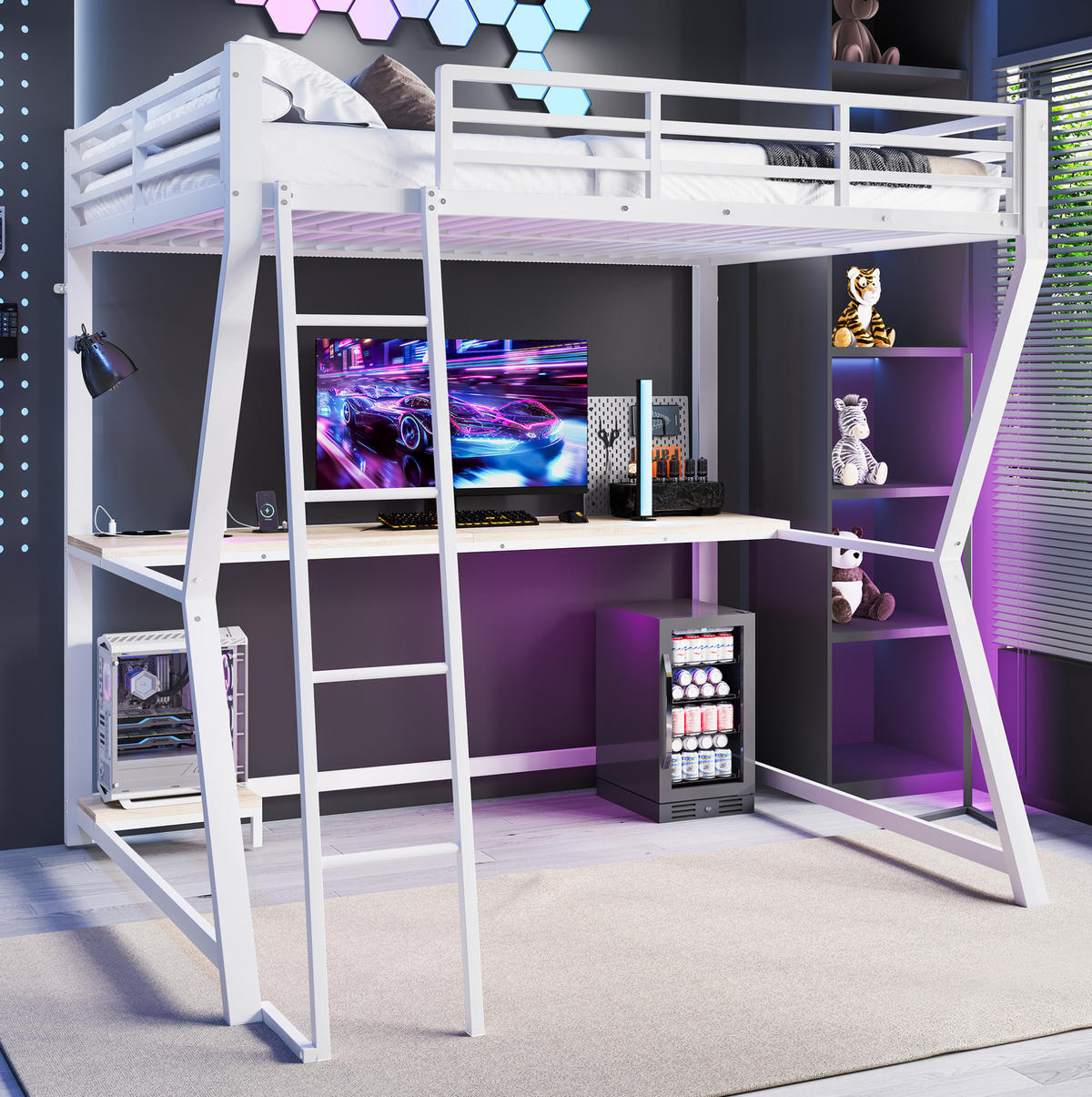 HOCHBETT 140/200 cm Weiß aus Metall mit Schreibtisch und LED-Lichtleiste - Weiß, Metall (140/200cm) - OKMYHOME