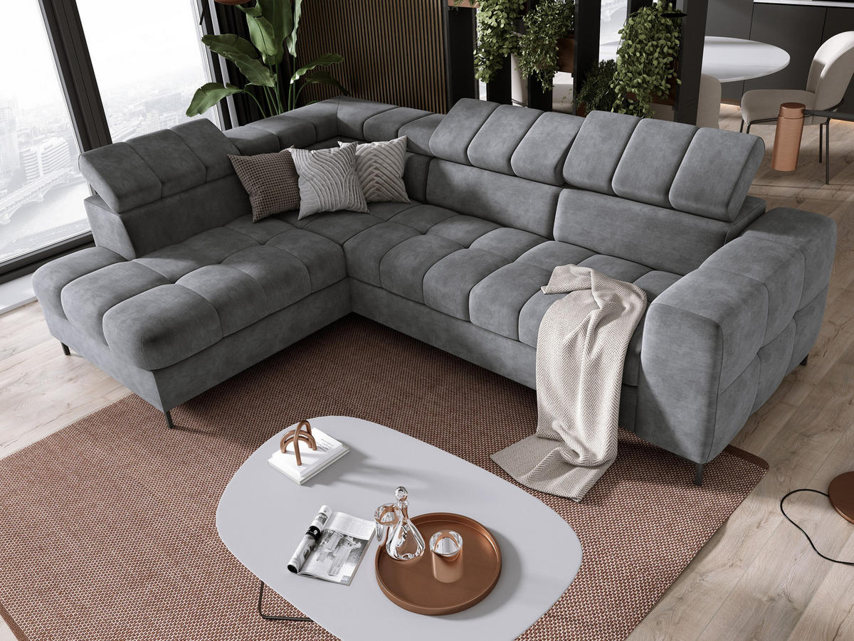 ECKSOFA PABLOS Cloud, L-förmig, Moderne, mit verstellbarem Kopfteil, Schlaf- & Lagermöglichkeiten, freistehend, LINKS 201x279x97 cm Grey - Grau, Holz/Textil (201/279cm) - DomoHome