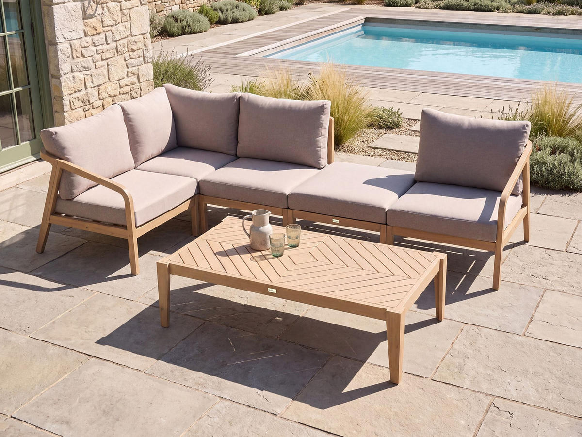 GARTEN Ecksofa mit Tisch 5-Sitzer modular Akazienholz Hellbraun Rivello - Hellbraun/Beige, Holz - Beliani