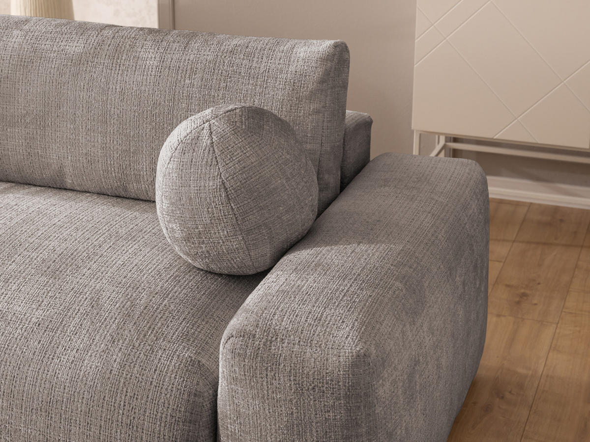 ECKSOFA Puffy mit Schlaffunktion und Bettkasten - besonders weich und puffig aus Taupe Chenille-Stoff - Ottomane links - Taupe/Schwarz, Holz/Kunststoff (138/266cm) - S-Style Möbel