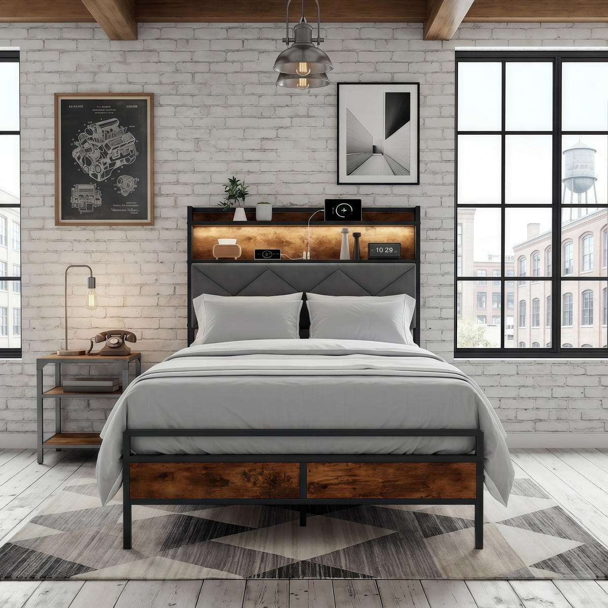 EINZELBETT 90x200 cm mit LED-Kopfteil und USB-Anschlüssen - Gestell aus Metall und Walnussholz, Lattenrost, Jugendbett - Naturfarben, Holzwerkstoff (90/200cm) - Brevoria
