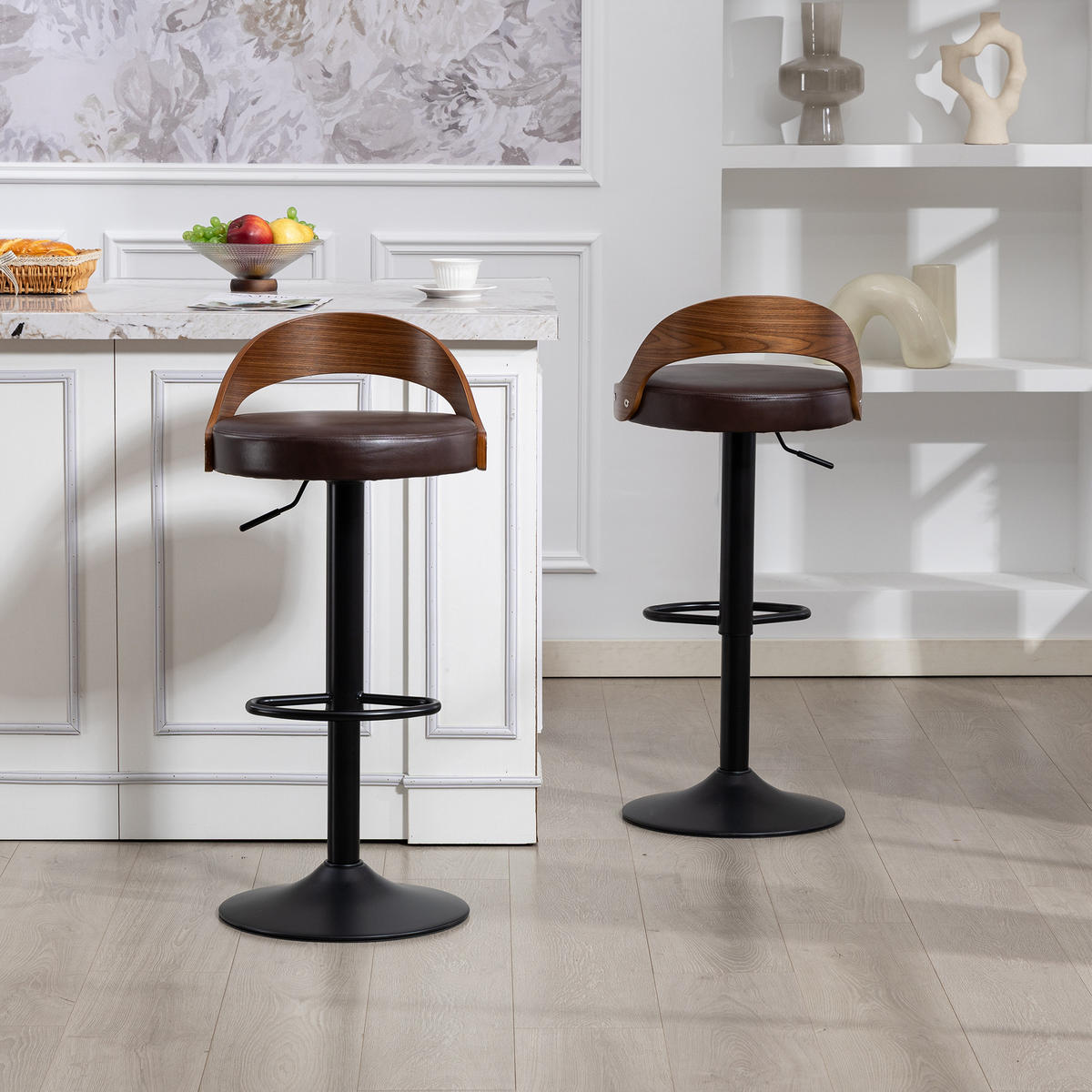BARHOCKER 2er-Set drehbar mit PU-Sitz und Walnussholz, Braun - Braun, Kunststoff (42.5/77/42cm)