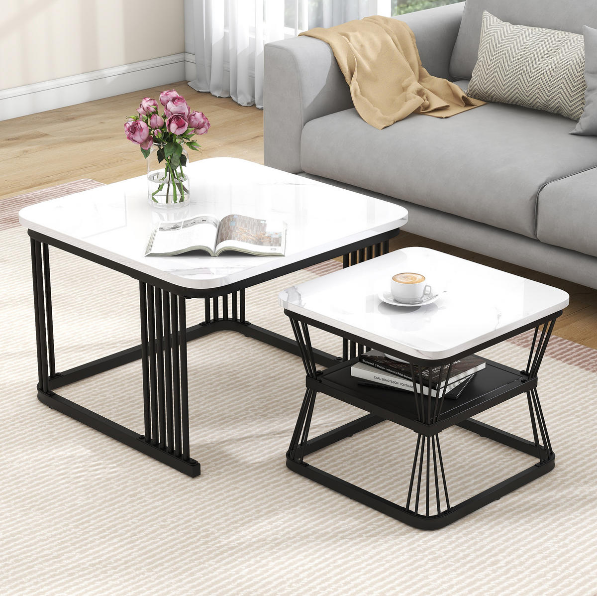 COUCHTISCH-SET aus MDF 65x65x45 cm Weiß in Marmoroptik mit schwarzen Stahlbeinen - Weiß, Holzwerkstoff (65/65/45cm) - IVMEU