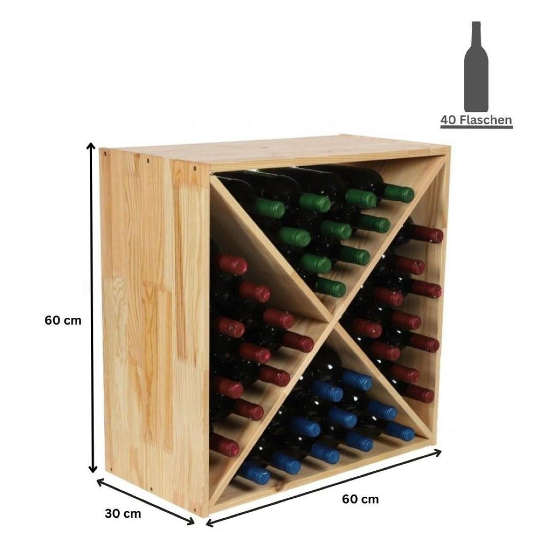 WEINREGAL Vincellar Mod 60x60x30 cm Kreuz Modul Für 40 Flaschen Massives Kiefernholz Natur - Naturfarben, Holz (60/60/30cm) - PROREGAL