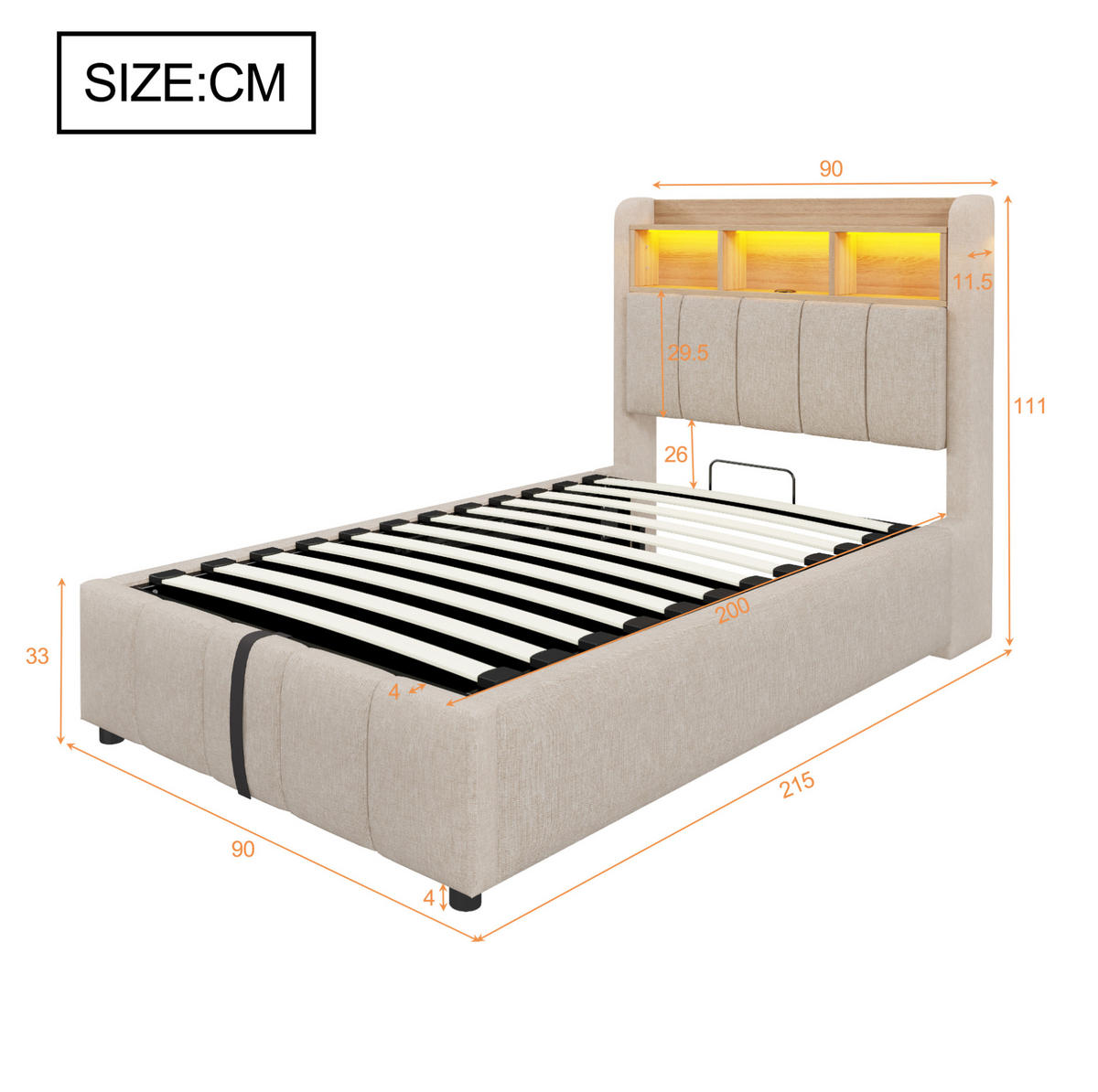POLSTERBETT 90/200 cm Beige mit LED-Beleuchtung, Stauraum und USB-/Type-C-Anschlüssen - Beige, Textil (90/200cm) - Flora Grace