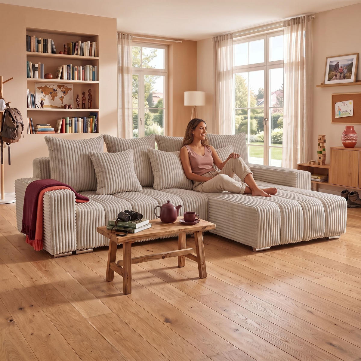 ECKSOFA PIANO L Rechts mit Schlaffunktion 137x234 Cord Beige - Beige/Silberfarben, Holz/Textil (178/278cm) - Muffo