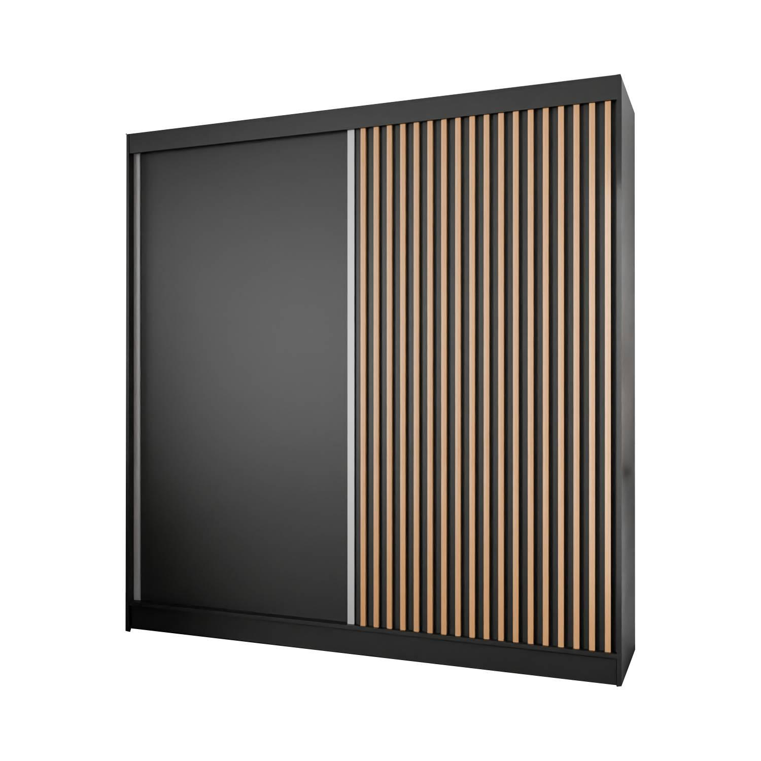Meblini Schiebetürenschrank Schwarz, Eiche Wotan 200x215x61 cm