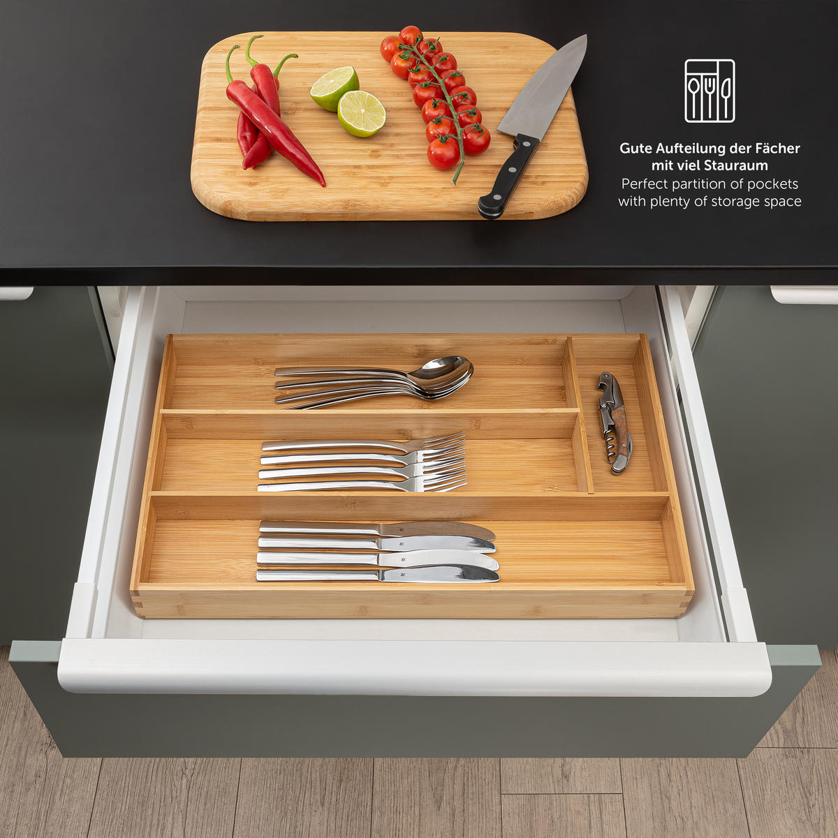 BESTECKKASTEN 27/49 cm, 4 Fächer, Bambus - Eichefarben, Holz (27/5/49cm) - Blumtal