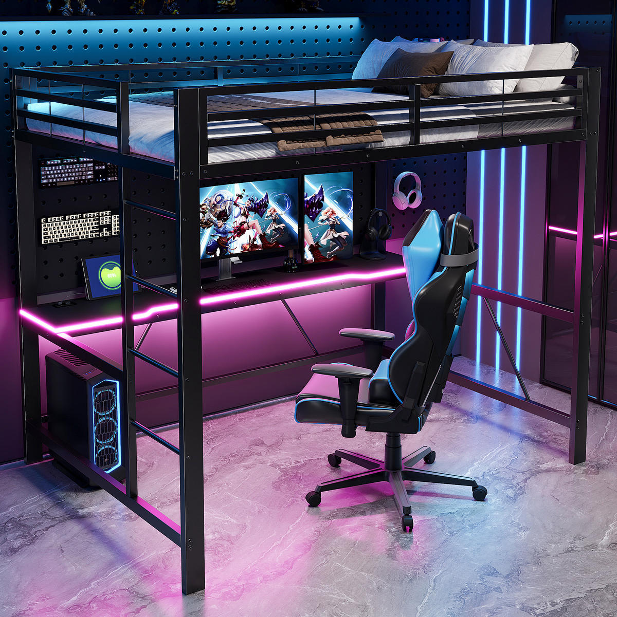 HOCHBETT 140/200 cm aus Metall und MDF mit Schreibtisch und LED-Beleuchtung Schwarz - Schwarz, Holzwerkstoff (140/200cm) - Modenvie