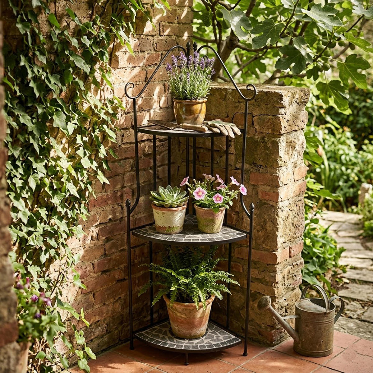 ECK-REGAL Gateshead - Rahmen aus Stahl, Regalebenen aus echter Keramik in Mosaik Optik, Farbe grau - Schwarz, Holz (50/141/34cm) - TPFGarden