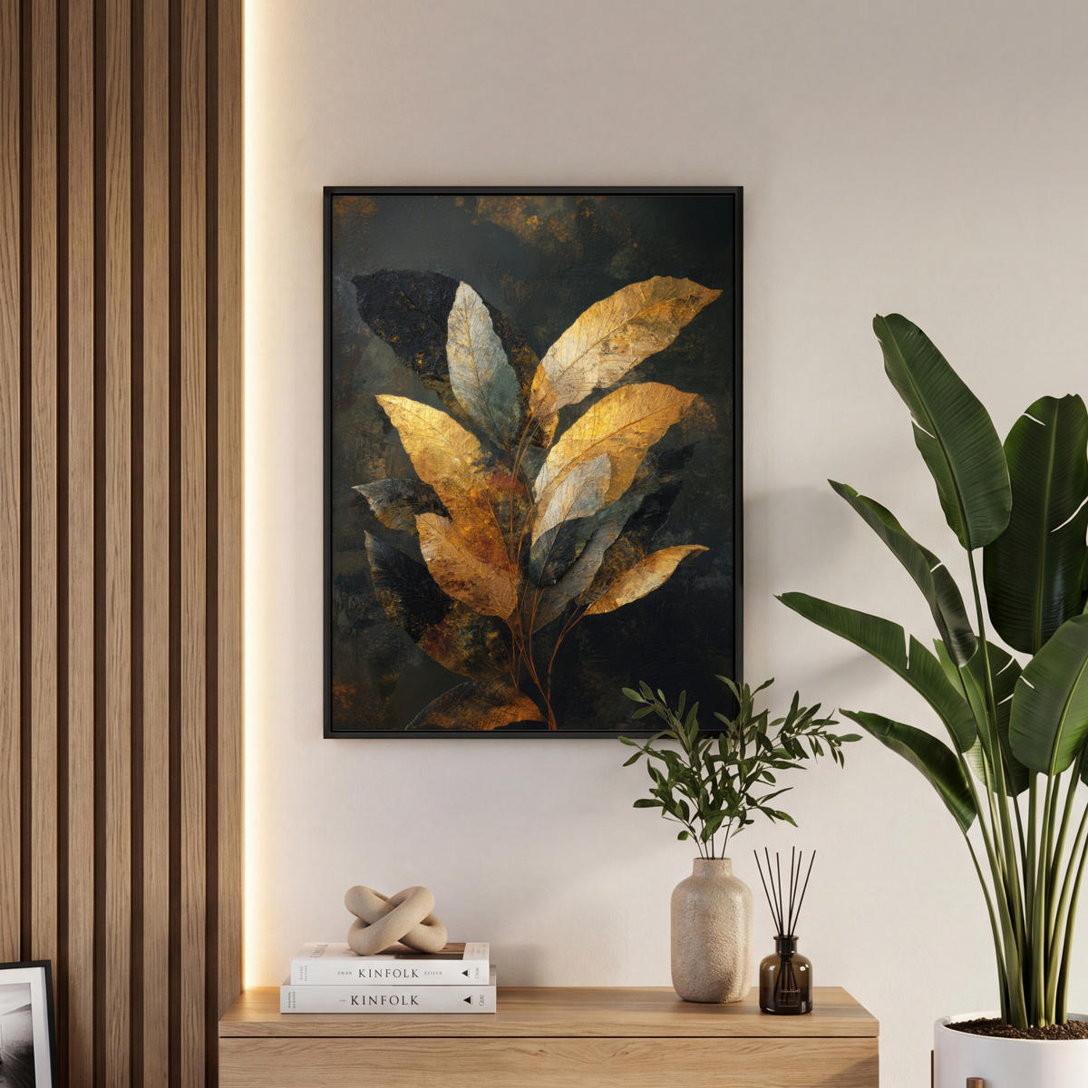 LEINWAND Bilder mit Rahmen - Golden Leaf Komposition - Botanical Luxury - 60x80 - Goldfarben, Textil (60/80cm) - MuchoWow