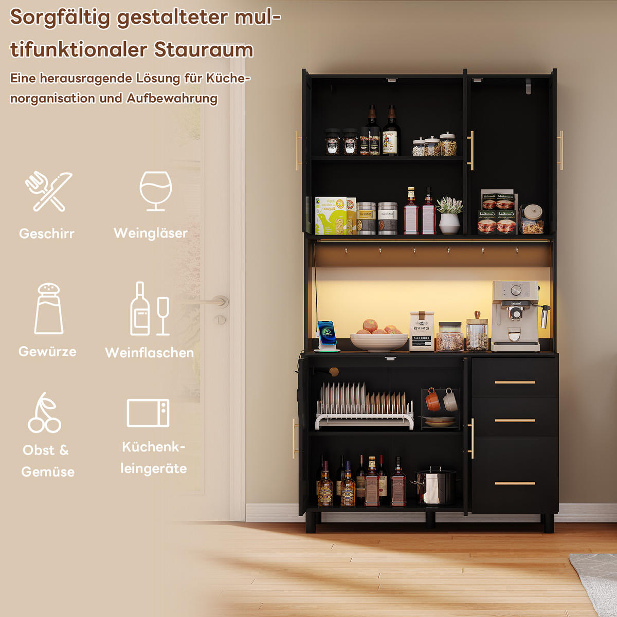KÜCHENANRICHTE 100x40x183 cm, 3 Schubladen, 2 Steckdosen, 2 USB-Anschlüsse, LED-Beleuchtung, verstellbare Einlegeböden, Rattan, Goldgriffe, Schwarz - Schwarz, Holzwerkstoff (100/183/40cm) - FOHERE