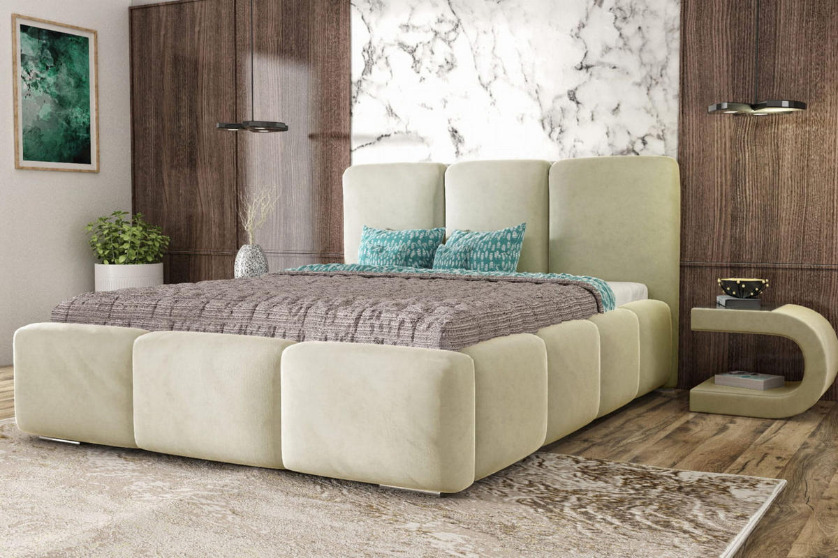 POLSTERBETT ROYAL, 140 x 200 cm mit Bettkasten und Lattenrost aus Metall, Velourstoff, Frabe: Beige - Beige, Holz/Kunststoff (140/200cm) - Agmat-Furniture